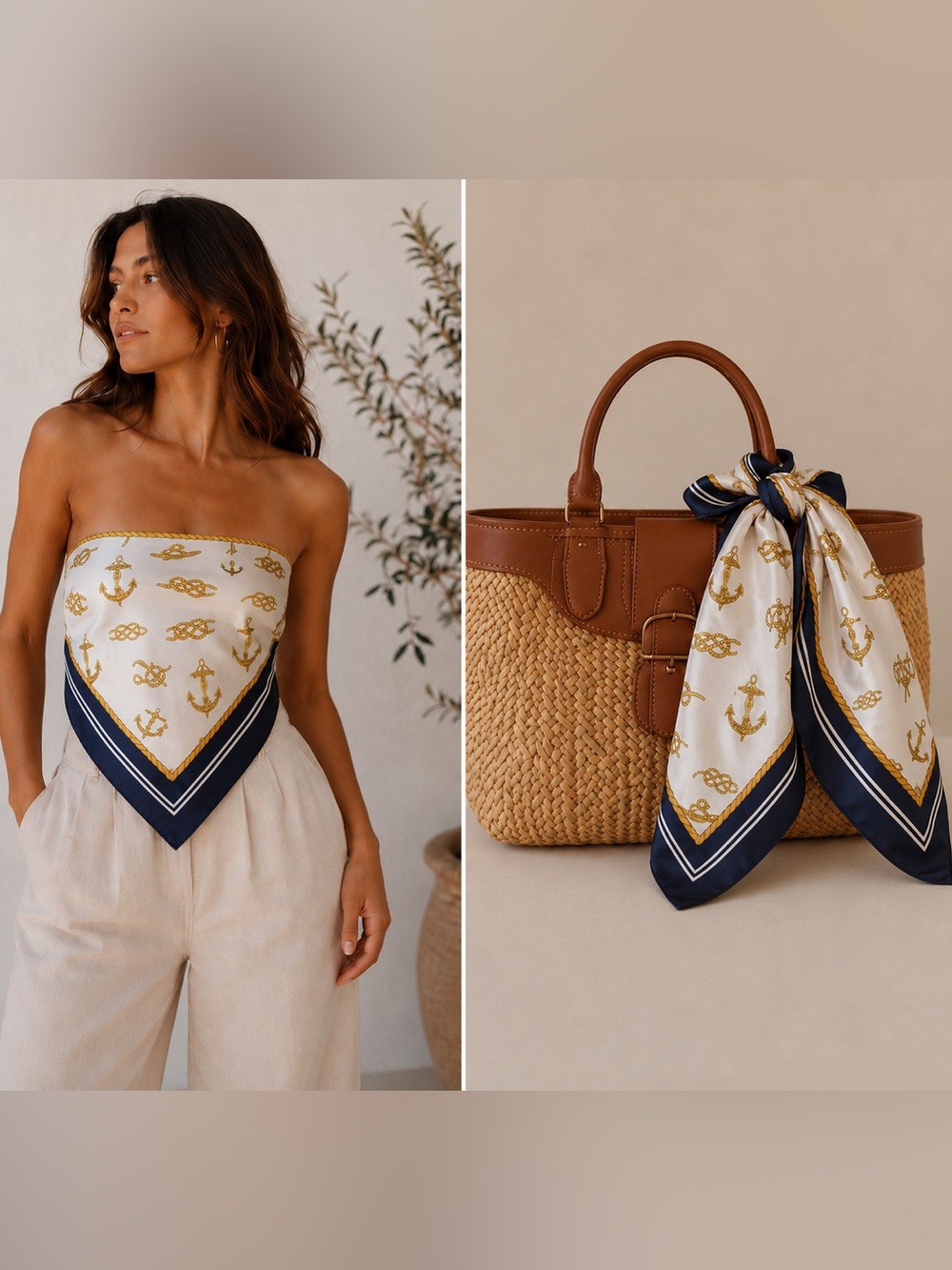 Nautical Anchor Print Scarf in White Navy Gold Made in Italy Coastal Summer